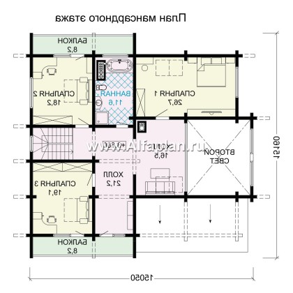 «Традиция» - проект дом с мансардой из бревен, с гаражом и сауной в каменном цоколе,  с террасой - превью план дома