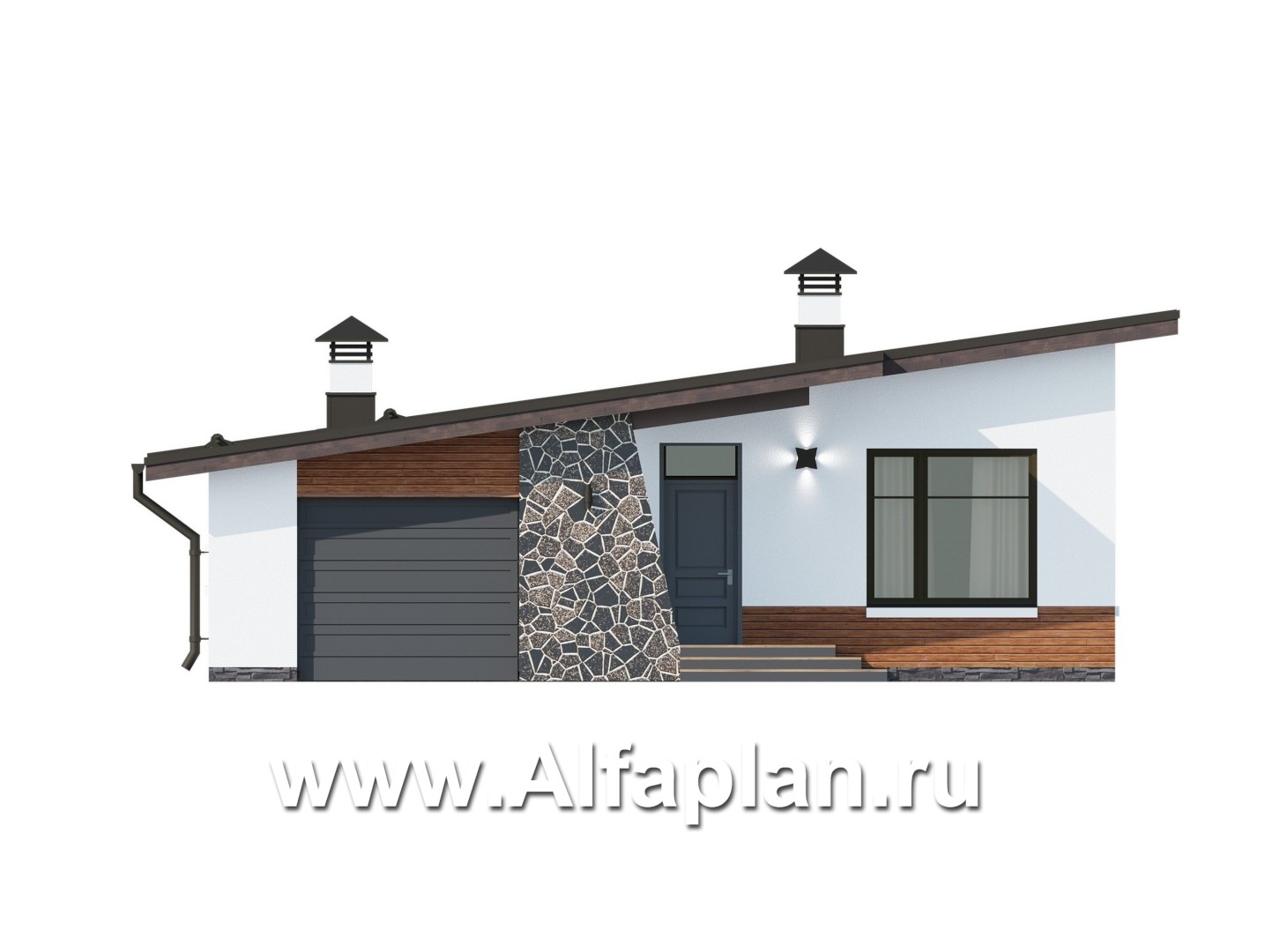 Проекты домов Альфаплан - Проект одноэтажного дома из газобетона, с гаражом - изображение фасада №1