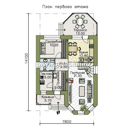 «Аврора» - проект двухэтажного дома из газобетона с эркером, с кабинетом и с террасой - превью план дома