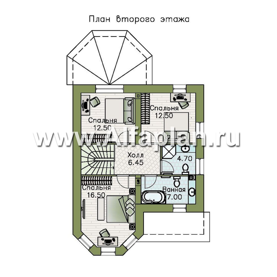 «Аврора» - проект двухэтажного дома из газобетона с эркером, с кабинетом и с террасой - план дома