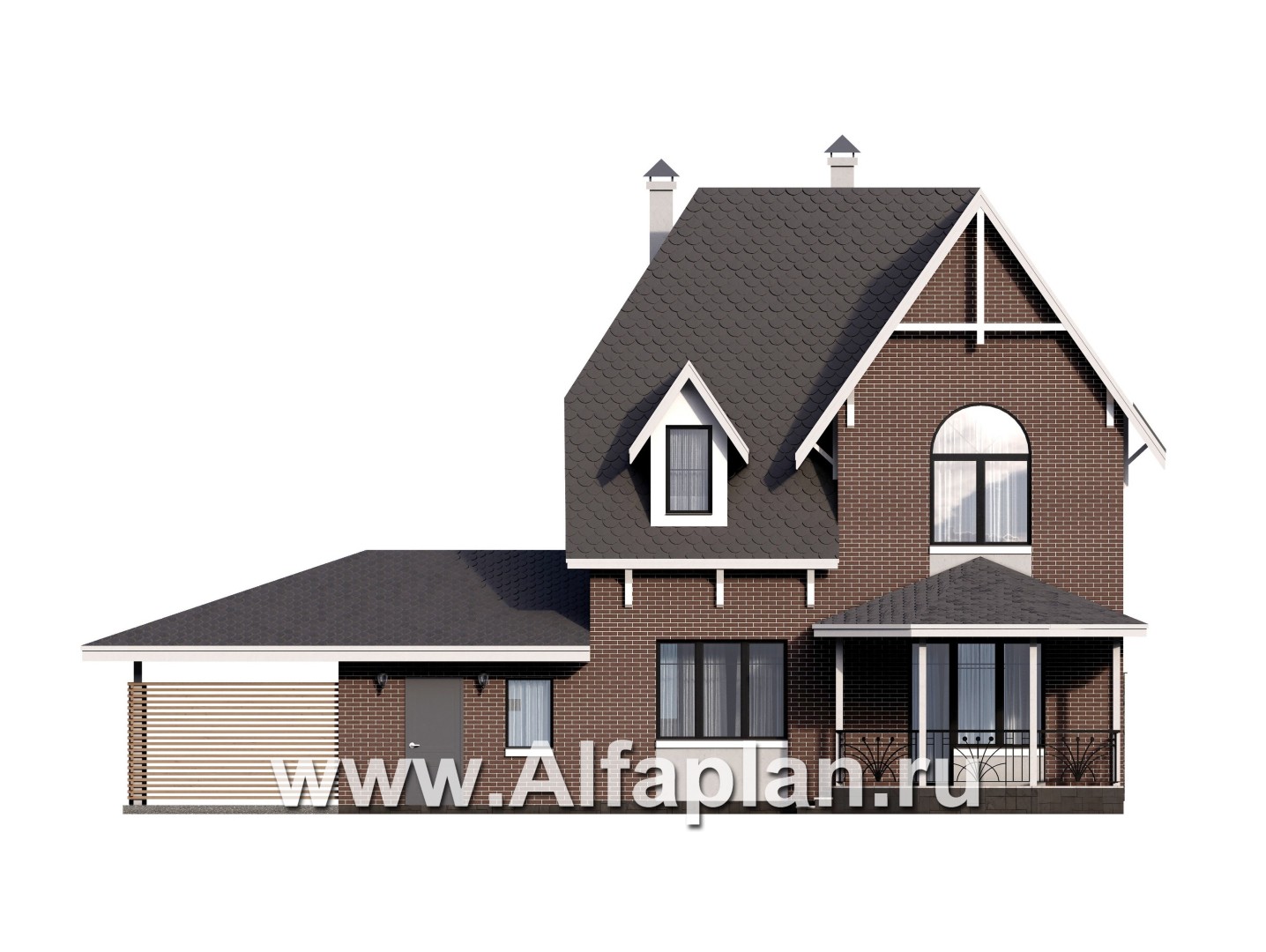 Проекты домов Альфаплан - Проект двухэтажного дома с эркером и гаражом - изображение фасада №4