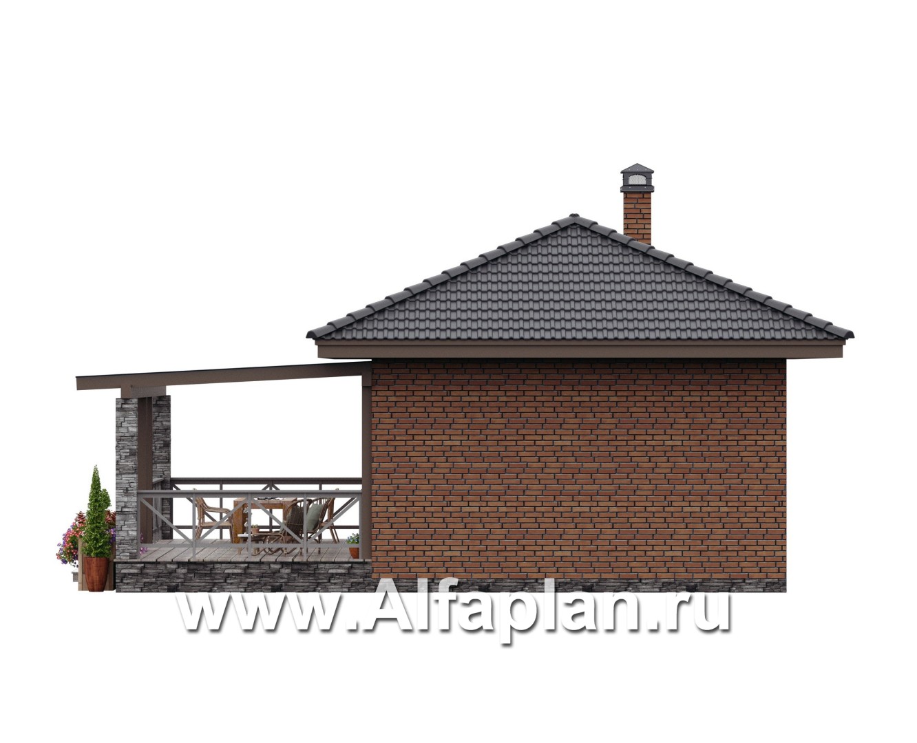 Проекты домов Альфаплан - Гостевой дом с одной спальней и большой террасой - изображение фасада №2