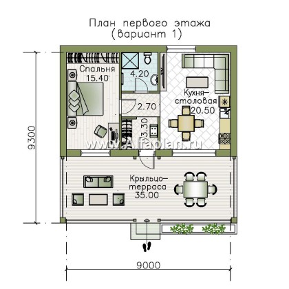 Проекты домов Альфаплан - Гостевой дом с одной спальней и большой террасой - превью плана проекта №1