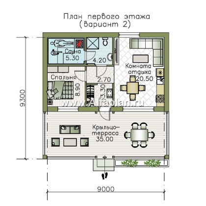 Проекты домов Альфаплан - Гостевой дом с одной спальней и большой террасой - превью плана проекта №2