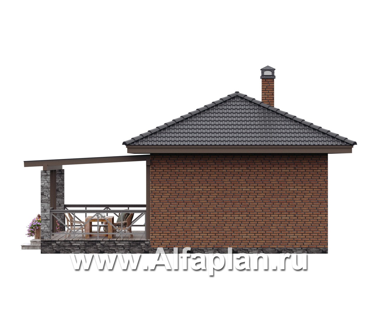 Проекты домов Альфаплан - Гостевой дом с одной спальней и большой террасой - изображение фасада №2
