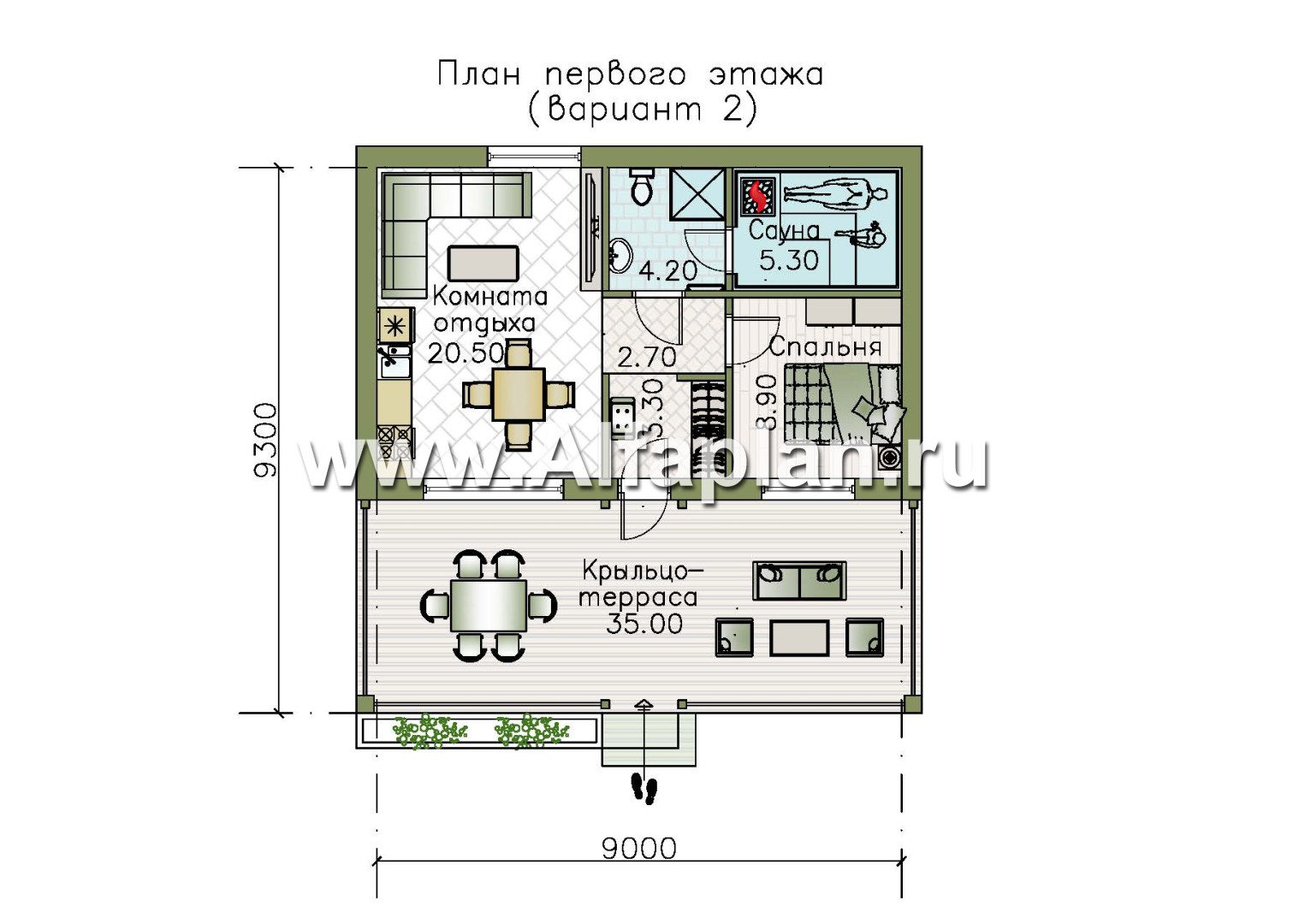 Проекты домов Альфаплан - Гостевой дом с одной спальней и большой террасой - изображение плана проекта №2