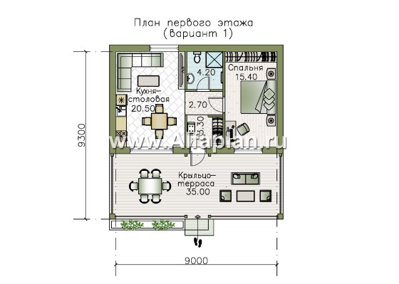 Проекты домов Альфаплан - Гостевой дом с одной спальней и большой террасой - превью плана проекта №1