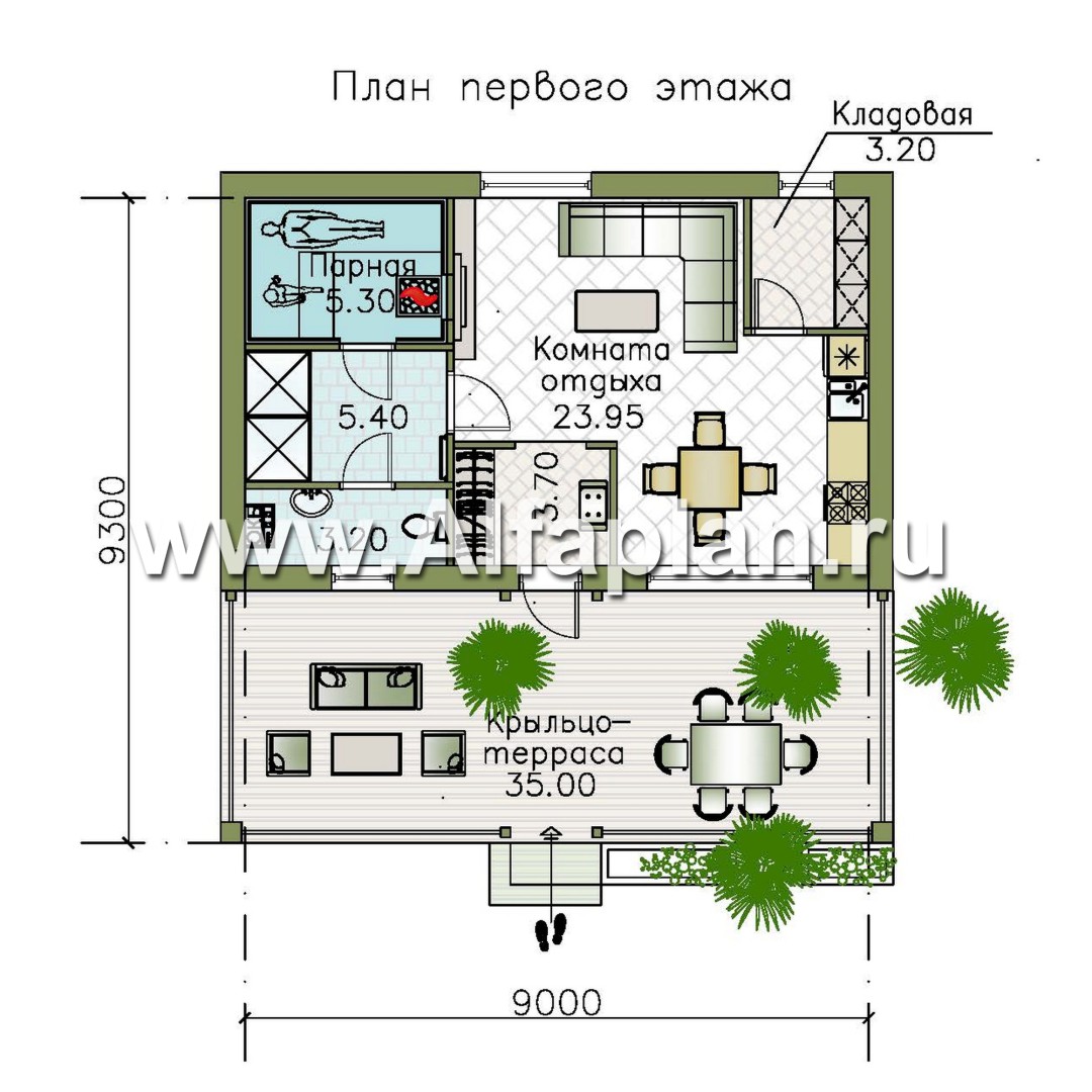 Проекты домов Альфаплан - Баня с большой террасой (каркасный дом) - план проекта №1