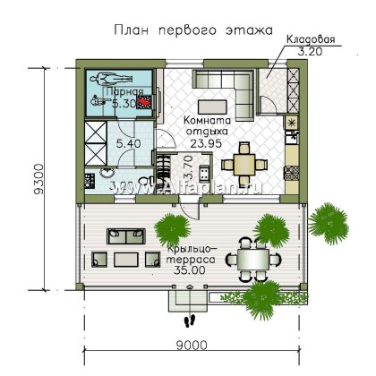 Проект бани, каркасный дом, с большой террасой - превью план дома