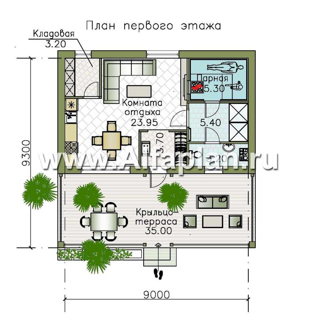 Проект бани, каркасный дом, с большой террасой - план дома