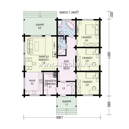 Проект одноэтажного коттеджа из бруса, 3 спальни, дача с террасой - превью план дома