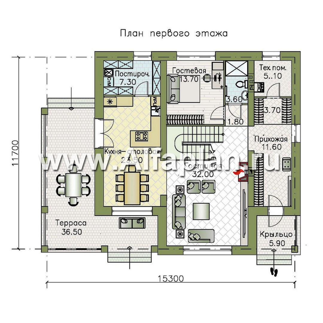 Проекты домов Альфаплан - "Вермеер" - проект двухэтажного дома с лестницей в гостиной - изображение плана проекта №1