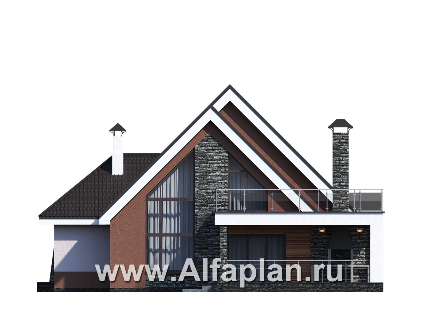 «Амарант» - проект современного коттеджа с мансардой, с террасой и балконом - фасад дома