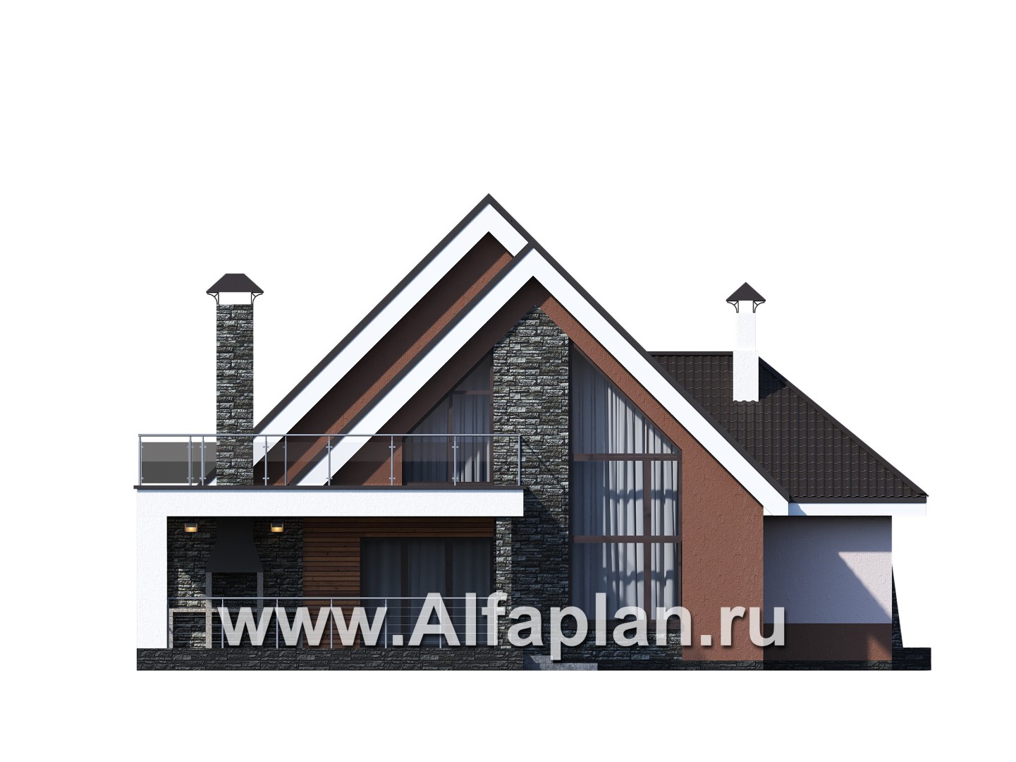 «Амарант» - проект современного коттеджа с мансардой, с террасой и балконом - фасад дома