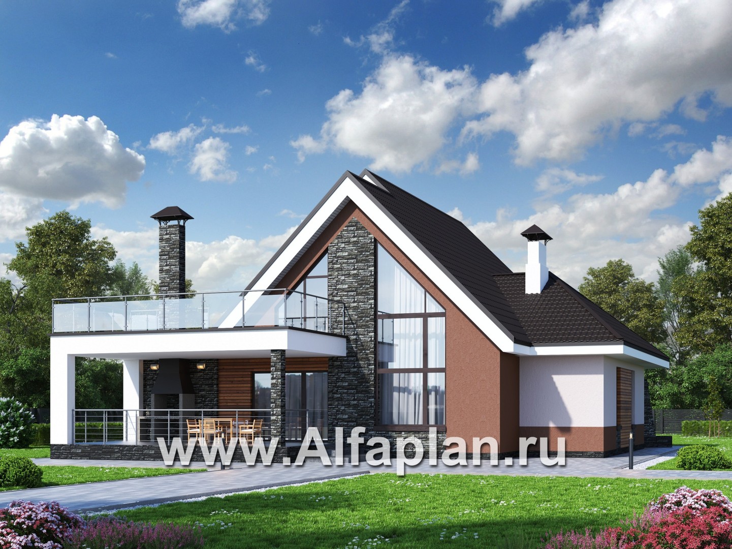 «Амарант» - проект современного коттеджа с мансардой, с террасой и балконом - основное изображение