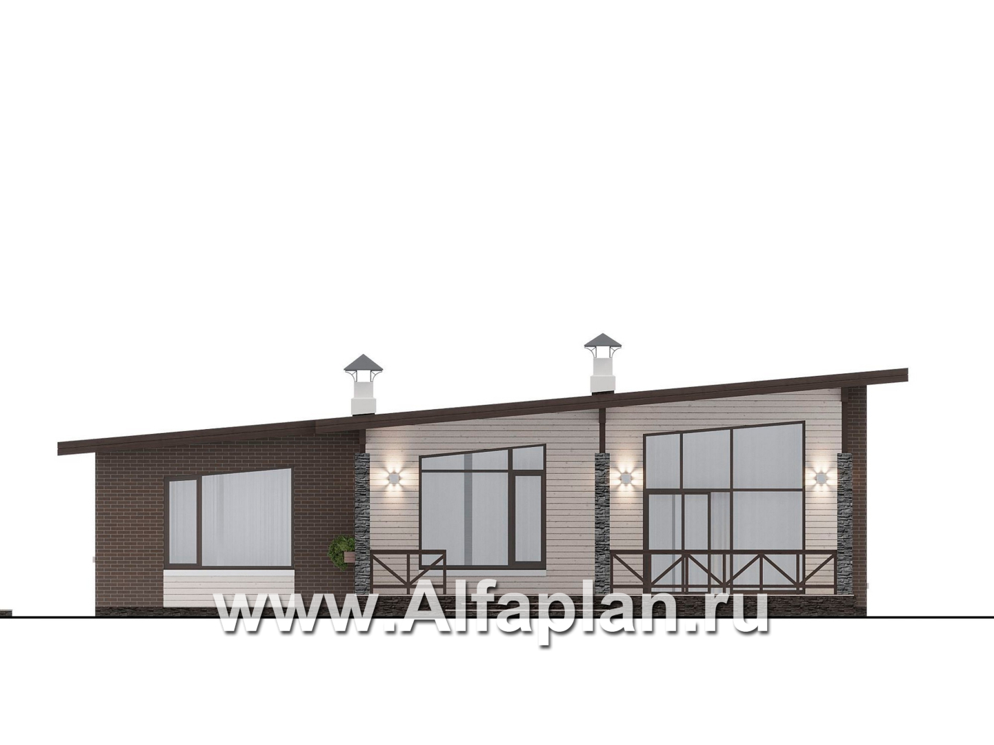 Проекты домов Альфаплан - "Стрелец" -проект газобетонного одноэтажного дома с односкатной крышей - изображение фасада №4