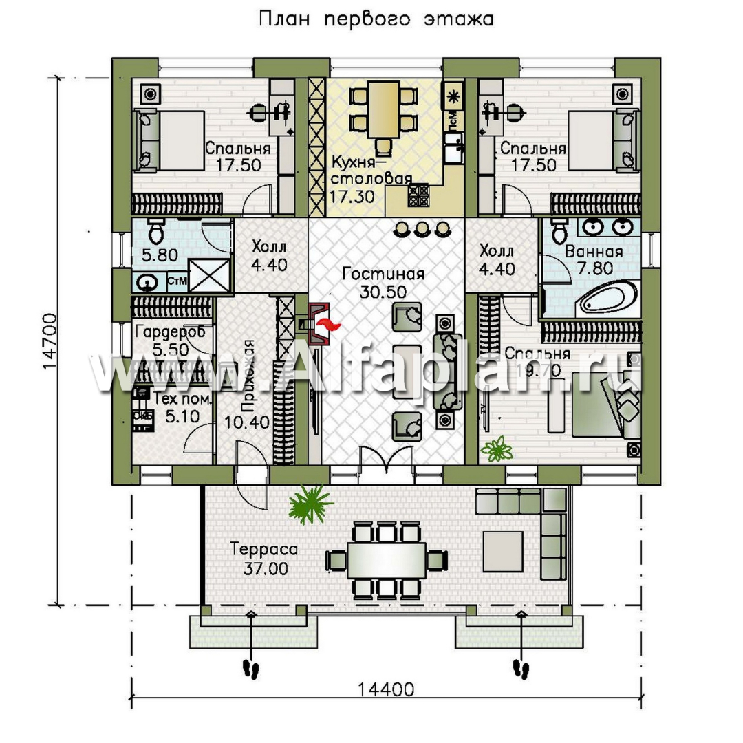 Проекты домов Альфаплан - "Форест" - проект одноэтажного дома с большой террасой и арочным окном - план проекта №1