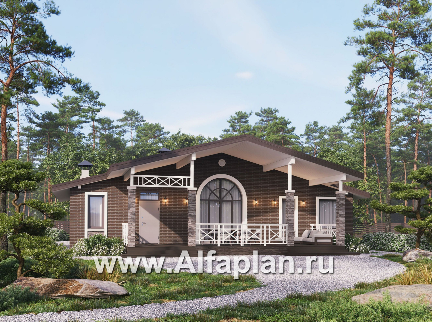 Проекты домов Альфаплан - "Форест" - проект одноэтажного дома с большой террасой и арочным окном - основное изображение