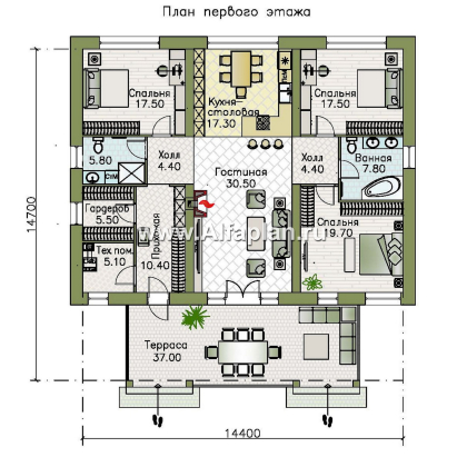 Проекты домов Альфаплан - "Форест" - проект одноэтажного дома с большой террасой и арочным окном - превью плана проекта №1