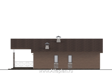 Проекты домов Альфаплан - "Форест" - проект одноэтажного дома с большой террасой и арочным окном - превью фасада №2