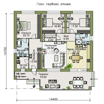 Проекты домов Альфаплан - "Аметист" - экономичный одноэтажный дом в стиле барнхаус - превью плана проекта №1