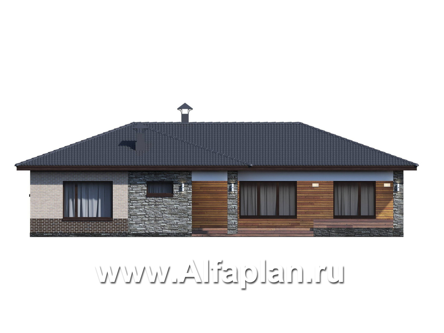 «Алазея» - проект одноэтажного дома из газобетона, с террасой, 3 спальни и кабинет, в современном стиле - фасад дома