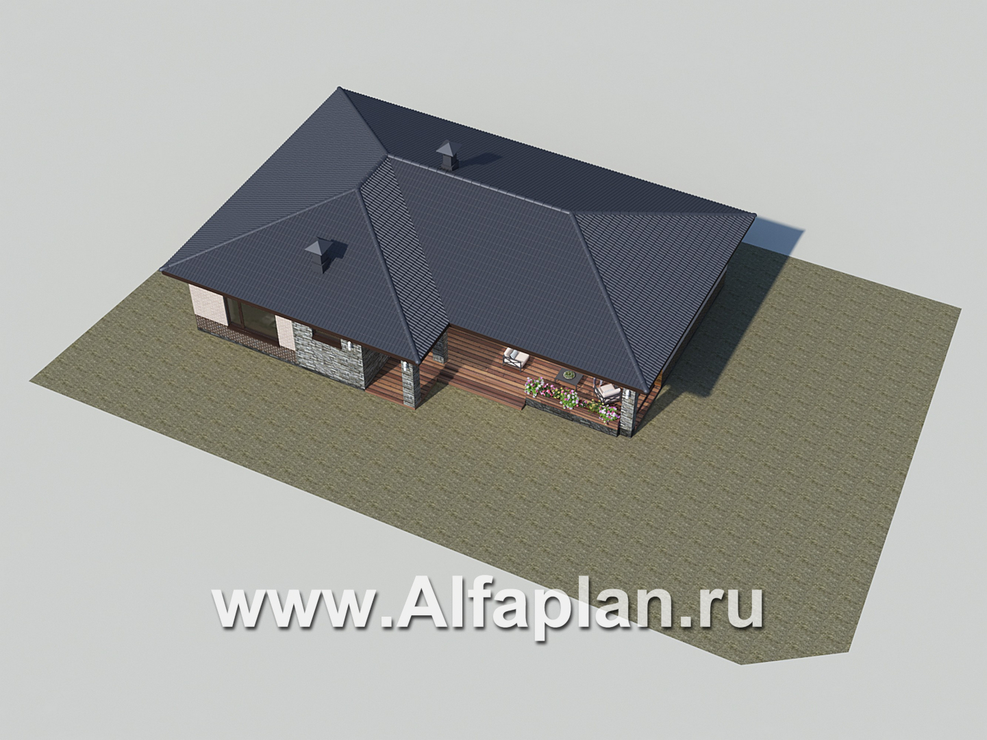 «Алазея» - проект одноэтажного дома из газобетона, с террасой, 3 спальни и кабинет, в современном стиле - дизайн дома №2