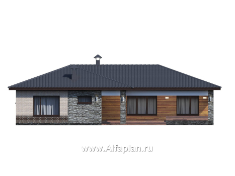 «Алазея» - проект одноэтажного дома из газобетона, с террасой, 3 спальни и кабинет, в современном стиле - превью фасада дома