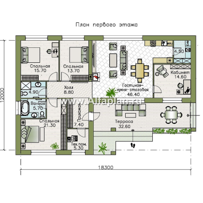 Проекты домов Альфаплан - «Алазея» - просторный одноэтажный дом с тремя спальнями и кабинетом - превью плана проекта №1
