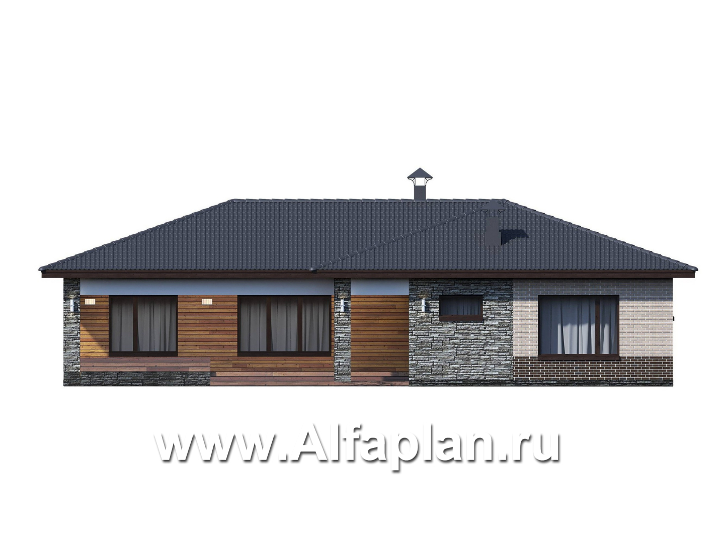 Проекты домов Альфаплан - «Алазея» - просторный одноэтажный дом с тремя спальнями и кабинетом - изображение фасада №1