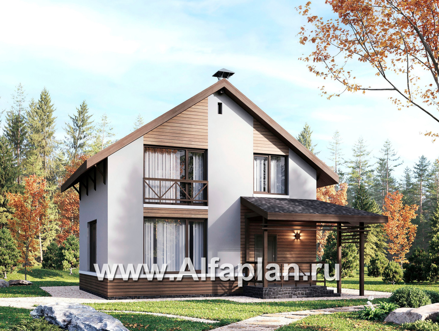 Проекты домов Альфаплан - "Бессер" - проект каркасного дома с мансардой, в скандинавском стиле - основное изображение