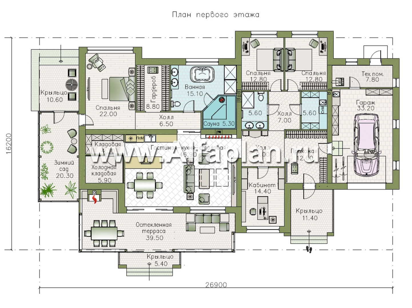 Проекты домов Альфаплан - "Альтерантива" - современный, роскошный одноэтажный дом - план проекта №1