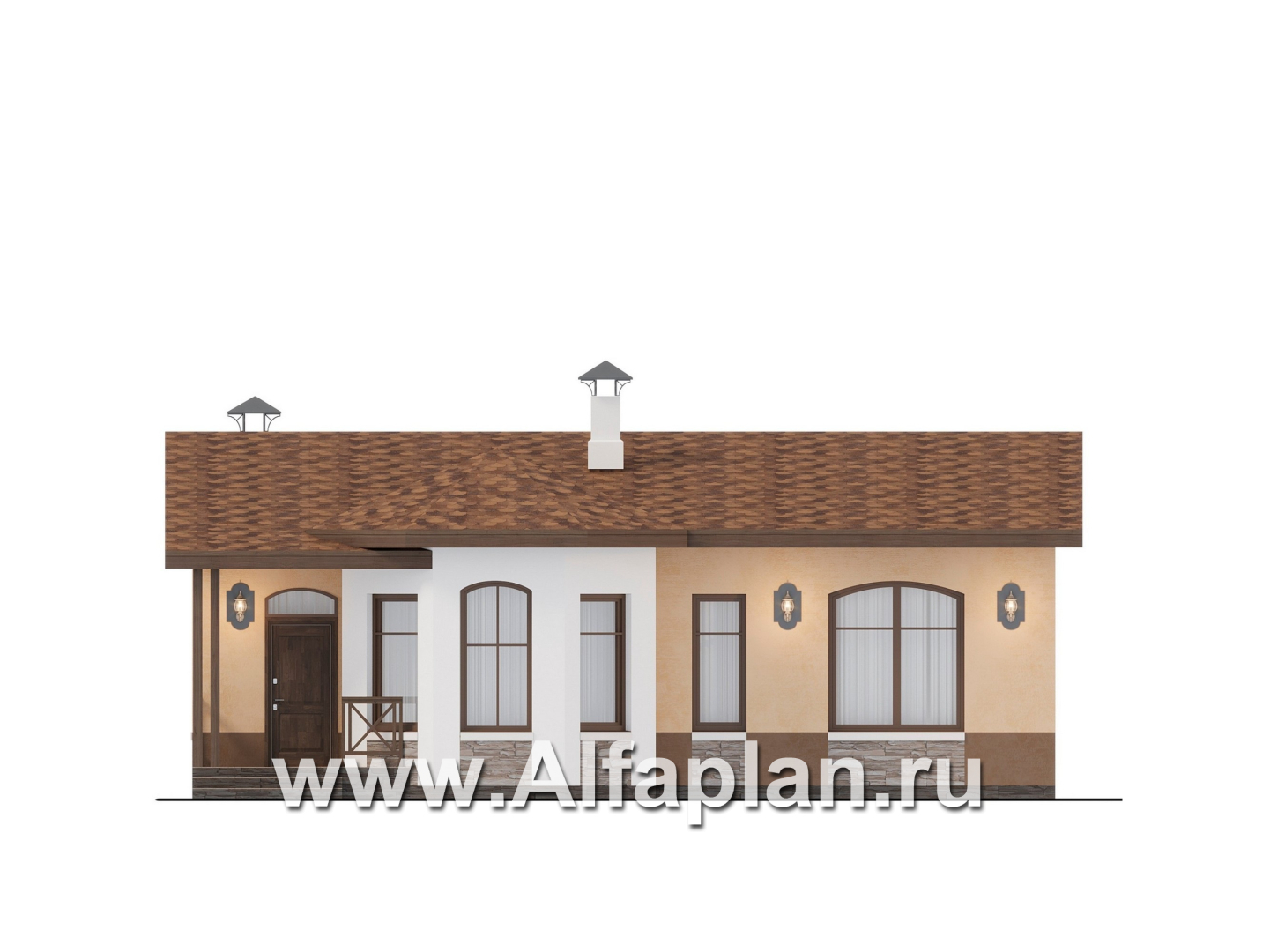 Проекты домов Альфаплан - "Сорренто" - проект одноэтажного дома, две спальни, в средиземноморском стиле - изображение фасада №1