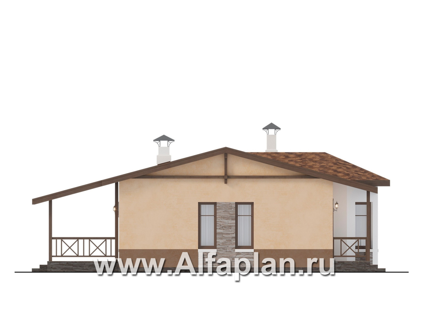 Проекты домов Альфаплан - "Сорренто" - проект одноэтажного дома, две спальни, в средиземноморском стиле - изображение фасада №3