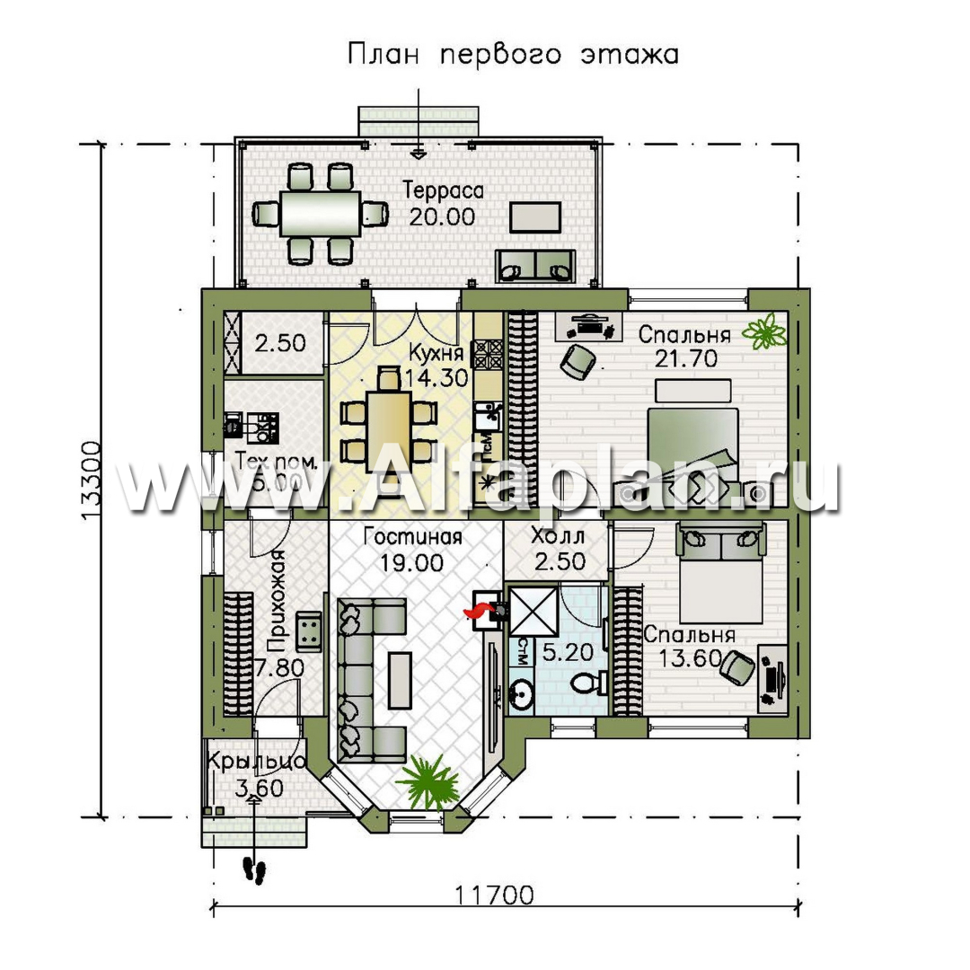 Проекты домов Альфаплан - "Сорренто" - проект одноэтажного дома, две спальни, в средиземноморском стиле - план проекта №1