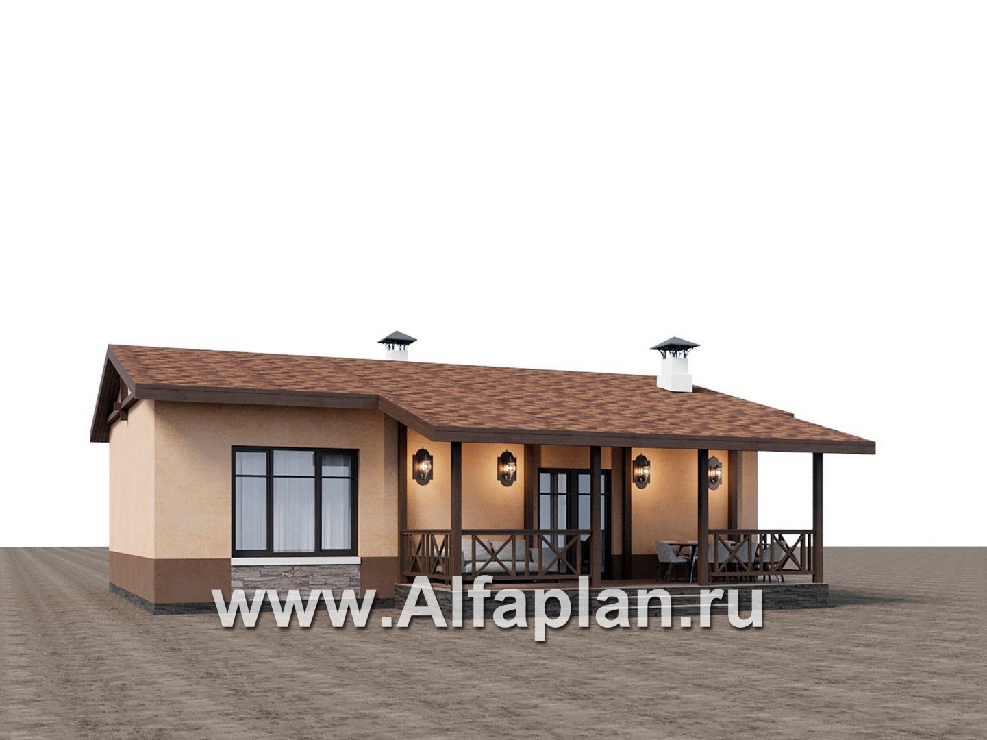 Проекты домов Альфаплан - "Сорренто" - проект одноэтажного дома, две спальни, в средиземноморском стиле - дополнительное изображение №2