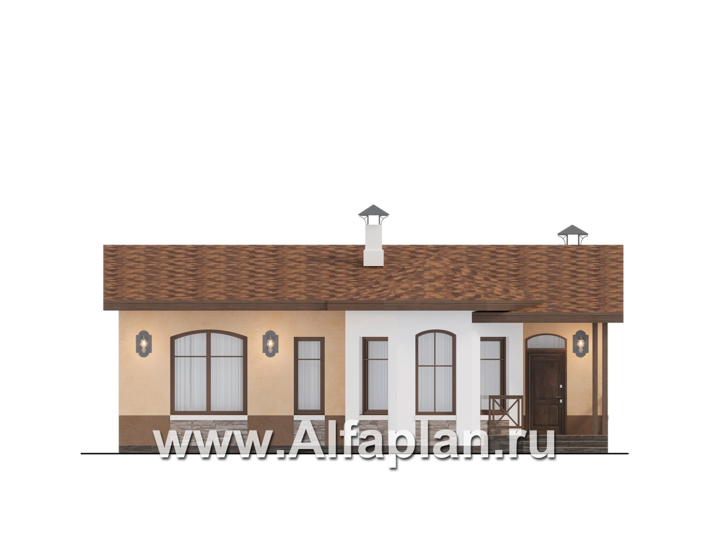 Проекты домов Альфаплан - "Сорренто" - проект одноэтажного дома, с эркером и террасой, 2 спальни, в средиземноморском стиле - изображение фасада №1
