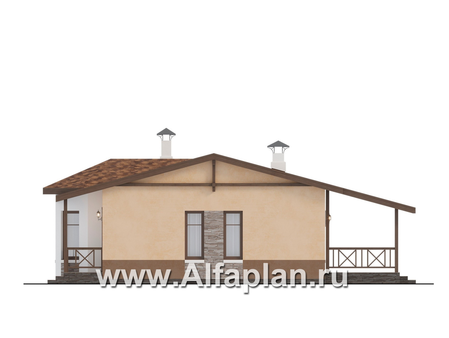 Проекты домов Альфаплан - "Сорренто" - проект одноэтажного дома, с эркером и террасой, 2 спальни, в средиземноморском стиле - изображение фасада №2