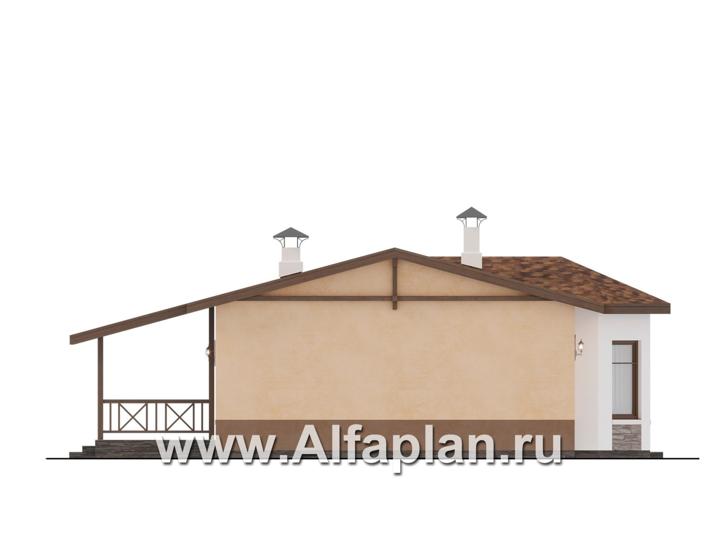 Проекты домов Альфаплан - "Сорренто" - проект одноэтажного дома, с эркером и террасой, 2 спальни, в средиземноморском стиле - изображение фасада №3
