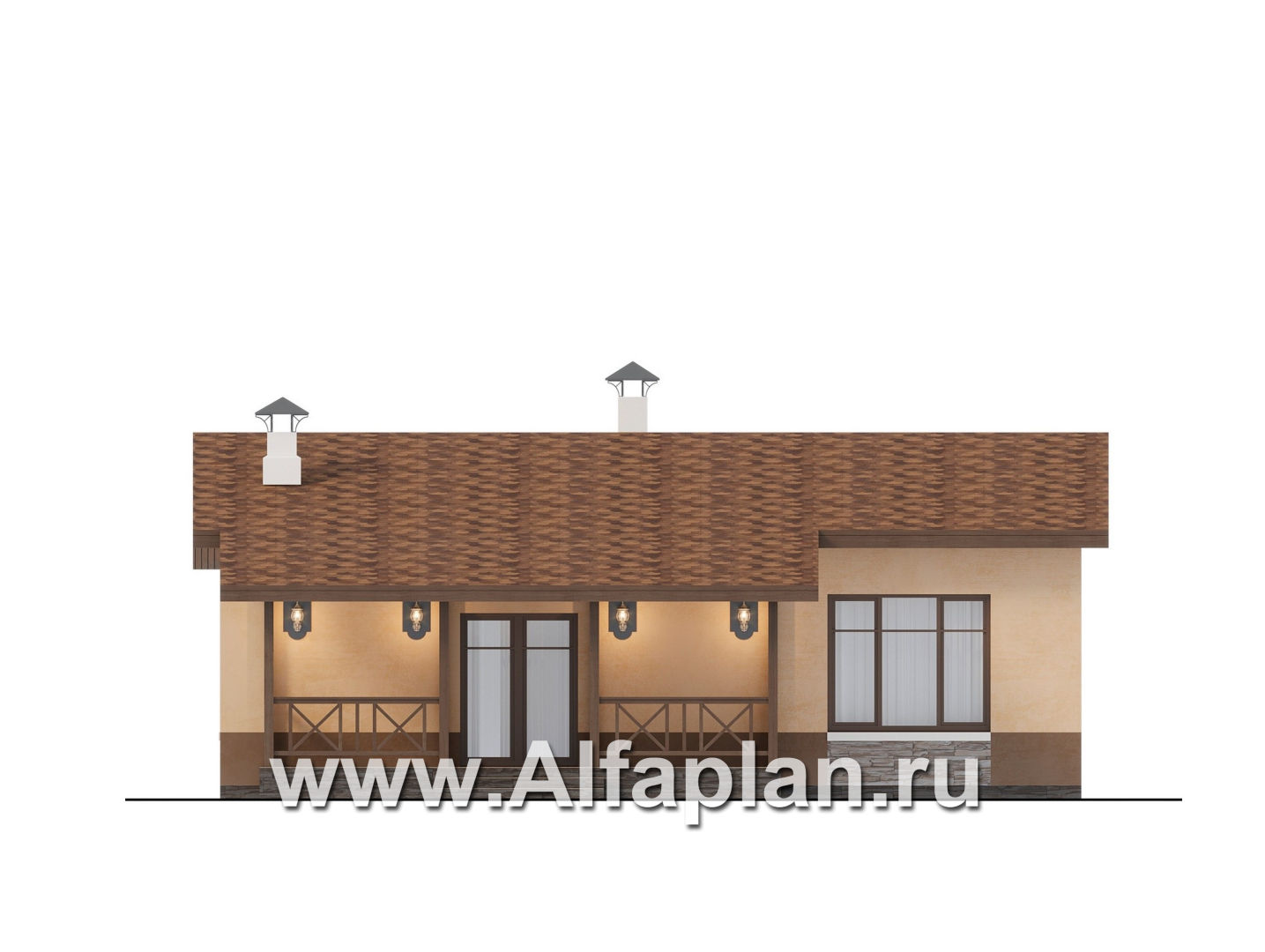 Проекты домов Альфаплан - "Сорренто" - проект одноэтажного дома, с эркером и террасой, 2 спальни, в средиземноморском стиле - изображение фасада №4