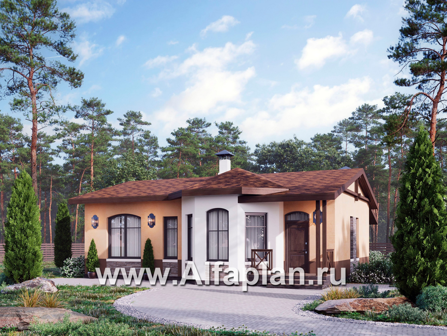 Проекты домов Альфаплан - "Сорренто" - проект одноэтажного дома, с эркером и террасой, 2 спальни, в средиземноморском стиле - основное изображение