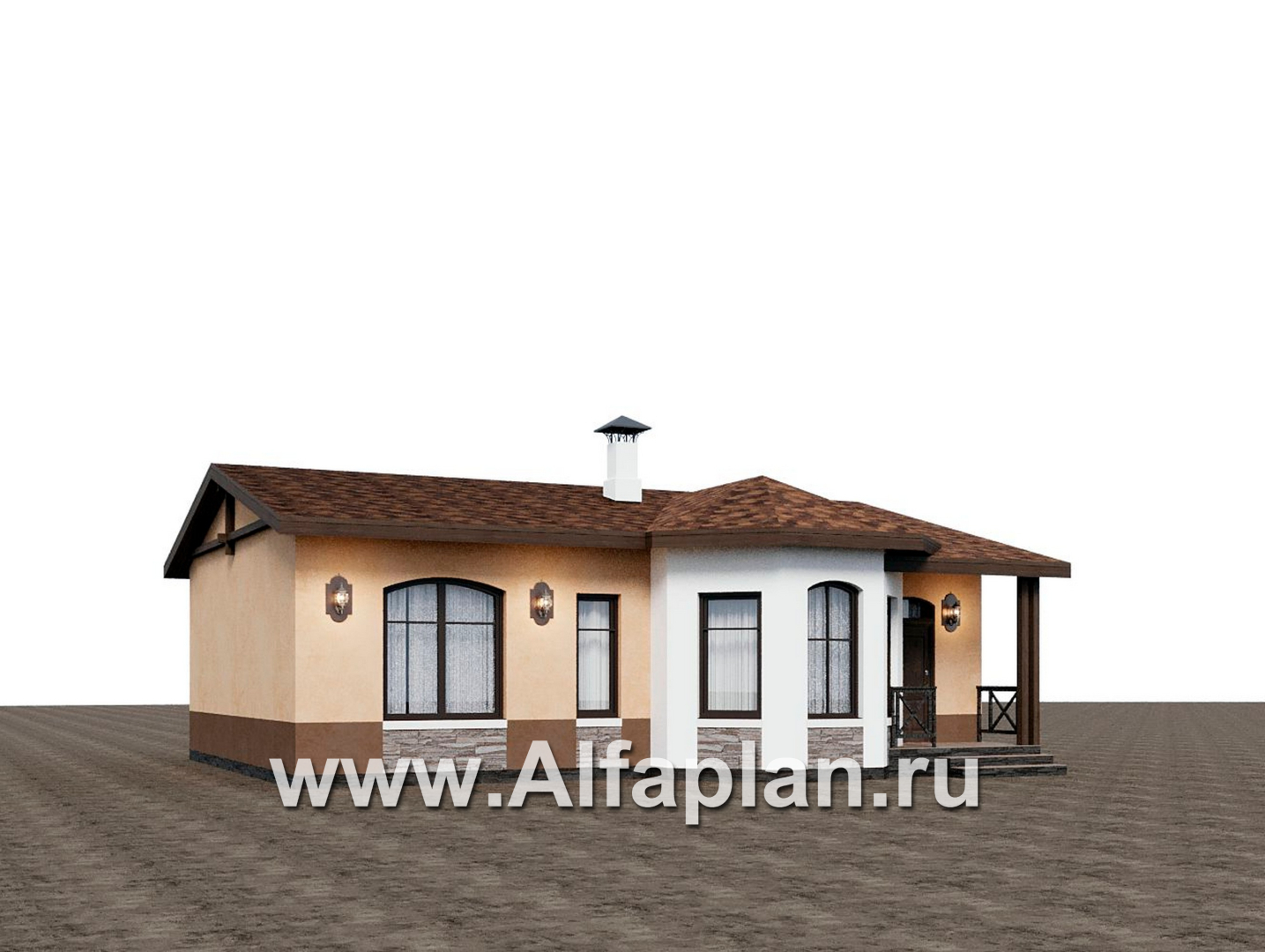Проекты домов Альфаплан - "Сорренто" - проект одноэтажного дома, с эркером и террасой, 2 спальни, в средиземноморском стиле - дополнительное изображение №1
