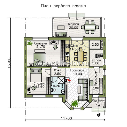 Проекты домов Альфаплан - "Сорренто" - проект одноэтажного дома, две спальни, в средиземноморском стиле - превью плана проекта №1
