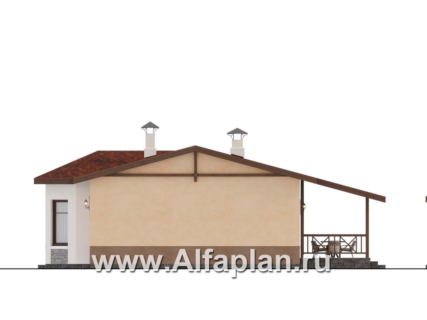 Проекты домов Альфаплан - "Сорренто" - одноэтажный дом в средиземноморском стиле, три спальни - изображение фасада №2