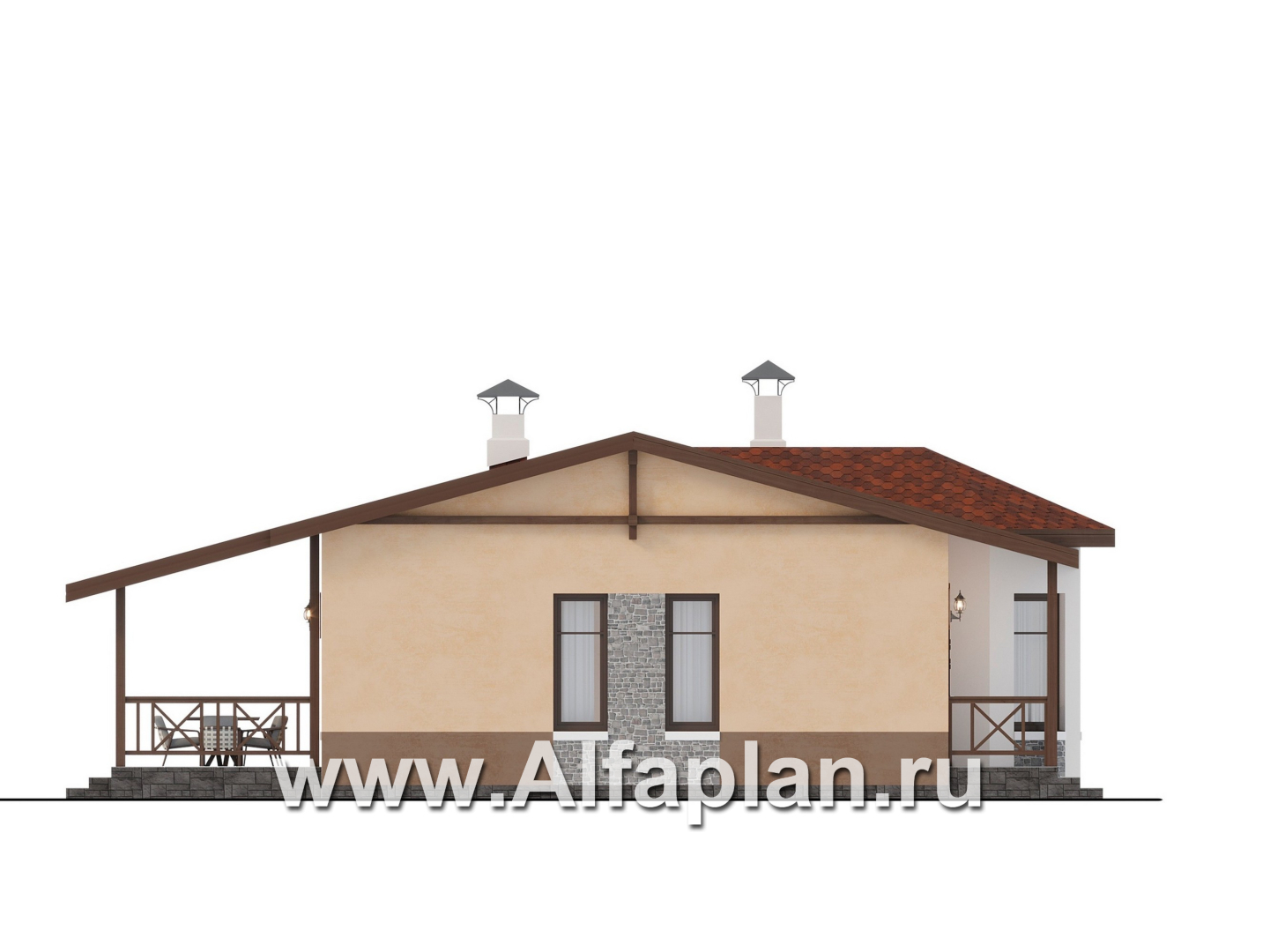Проекты домов Альфаплан - "Сорренто" - одноэтажный дом в средиземноморском стиле, три спальни - изображение фасада №3
