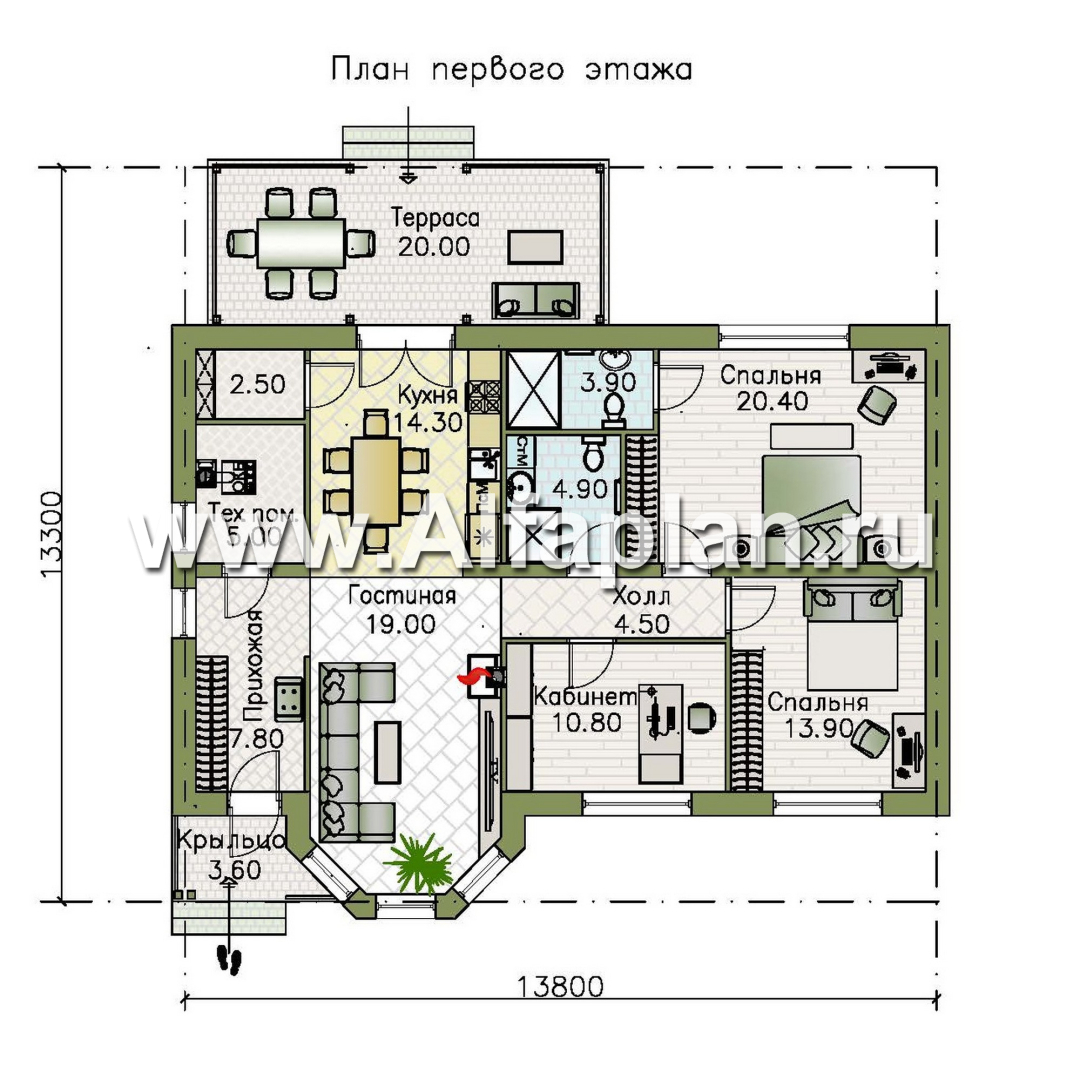 Проекты домов Альфаплан - "Сорренто" - одноэтажный дом в средиземноморском стиле, три спальни - план проекта №1