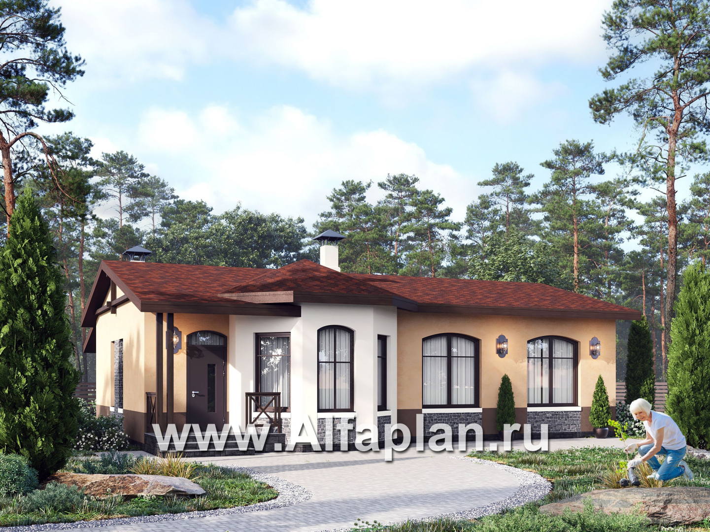 Проекты домов Альфаплан - "Сорренто" - одноэтажный дом в средиземноморском стиле, три спальни - основное изображение
