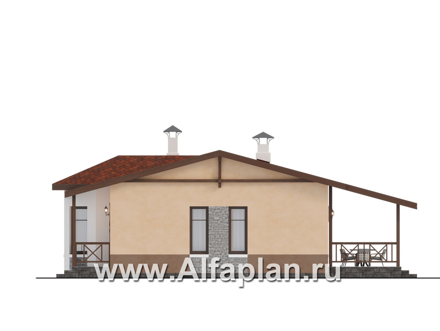 Проекты домов Альфаплан - "Сорренто" - одноэтажный дом в средиземноморском стиле, три спальни - изображение фасада №2