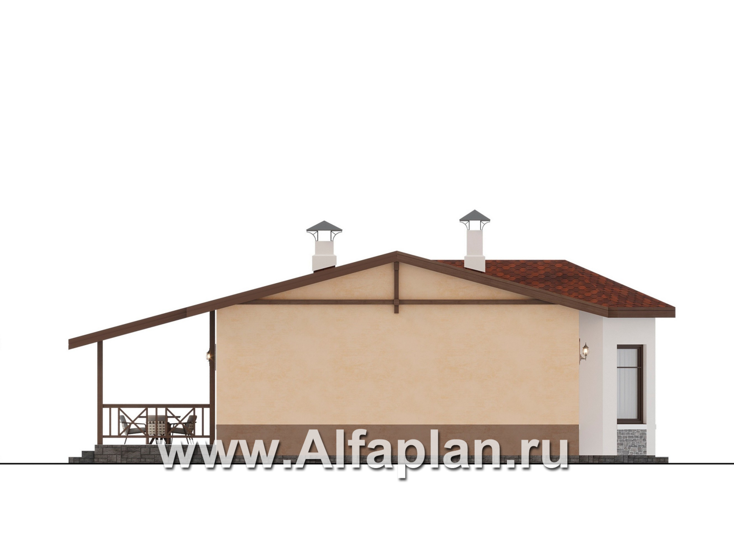 Проекты домов Альфаплан - "Сорренто" - одноэтажный дом в средиземноморском стиле, три спальни - изображение фасада №3