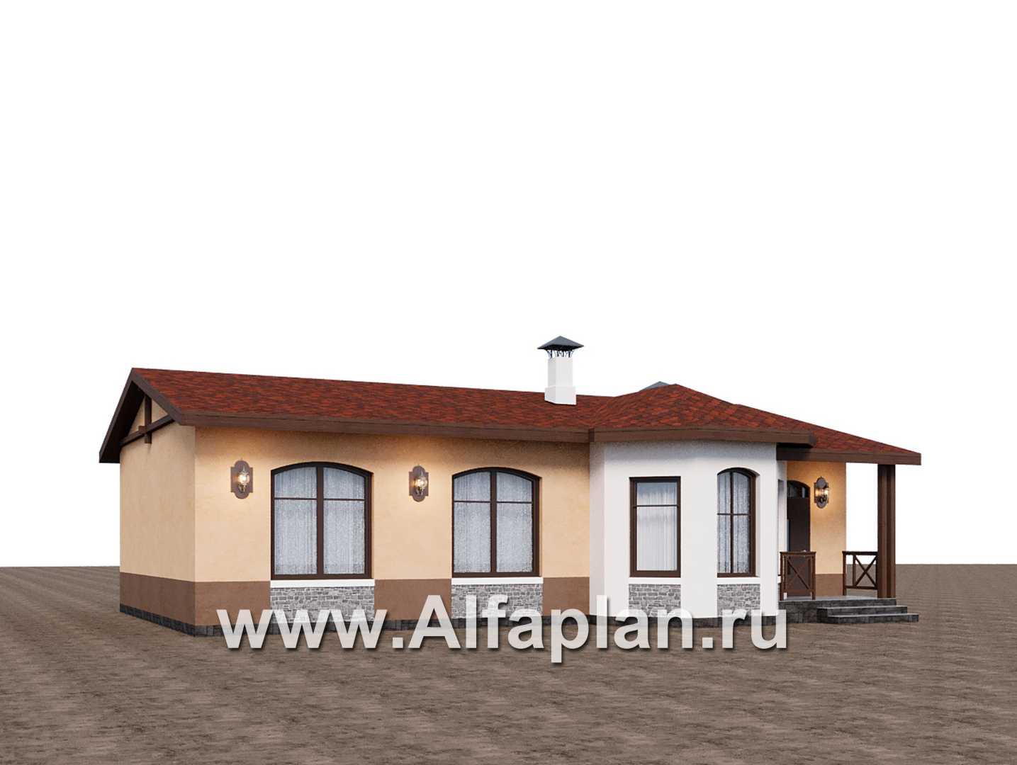 Проекты домов Альфаплан - "Сорренто" - одноэтажный дом в средиземноморском стиле, три спальни - дополнительное изображение №1